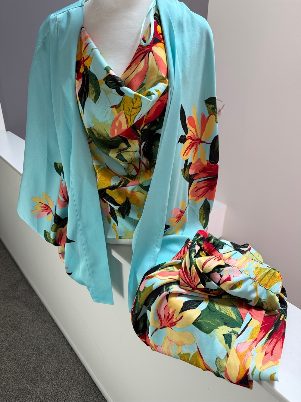 Aqua Floral Cowl Neck Camisole with Matching Shawl